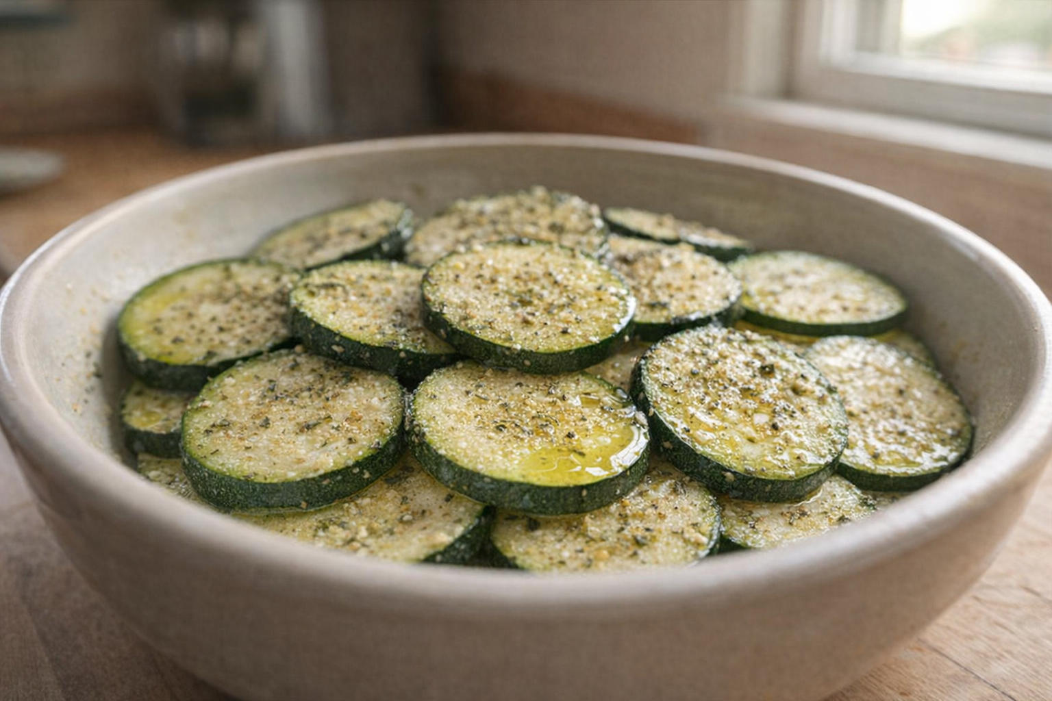 A close-up shot of sliced zucchini rounds in a bowl, drizzled with olive oil, sprinkled with garlic powder and Italian seasoning, natural light from a kitchen window
